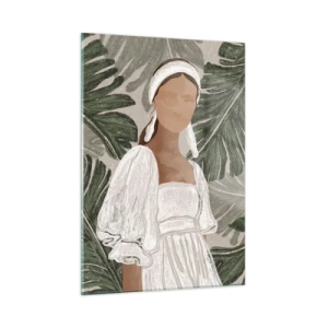 Impression sur verre - Image sur verre - Une femme en robe blanche sur fond de feuilles tropicales vertes. - 50x70cm - Portrait exotique - Décoration murale moderne pour le salon et la chambre ARTTOR