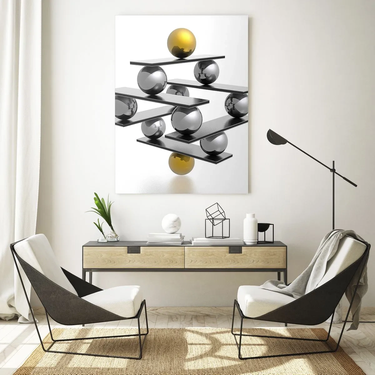 Impression sur verre - Image sur verre - Composition géométrique avec des boules et des plateformes sur fond blanc - 50x70cm - Balance d'or et d'argent - Décoration murale moderne pour le salon et la chambre ARTTOR