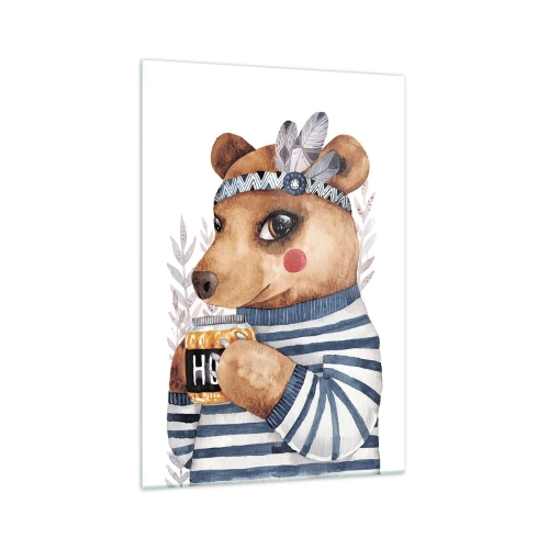 Impression sur verre - Image sur verre - Un ours en peluche dans un pull rayé avec une tasse de miel - 70x100cm - Un nounours trop mignon - Décoration murale moderne pour le salon et la chambre ARTTOR