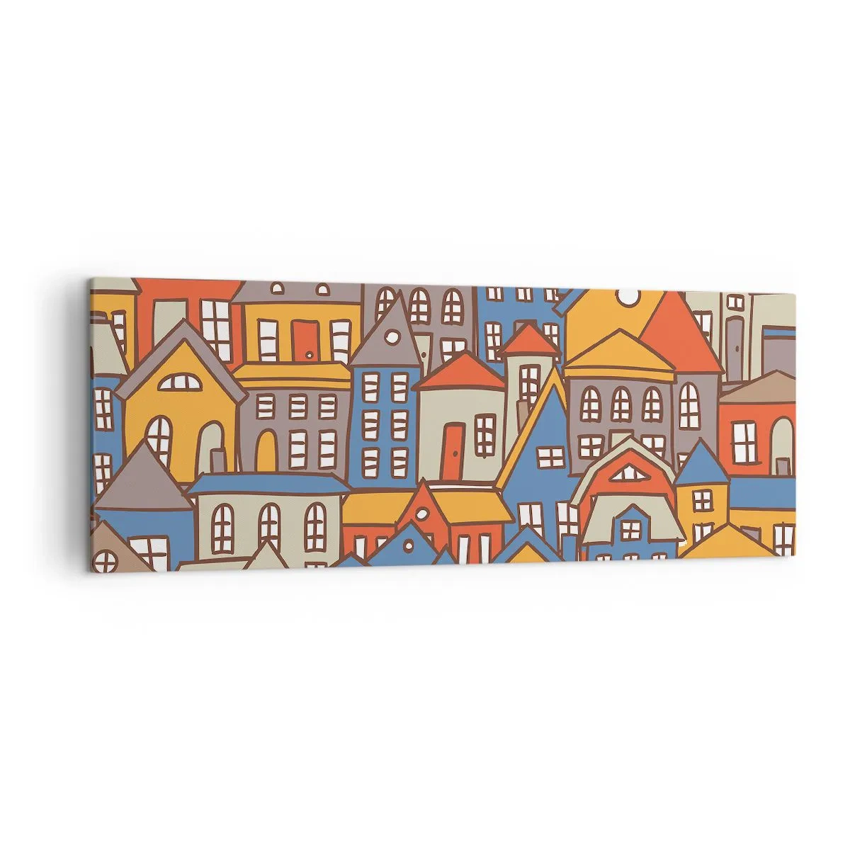 Impression sur toile - Image sur toile - Maisons colorées dans un style graphique sur fond clair - 140x50cm - Derrière la maison, une maison - Décoration murale moderne pour le salon et la chambre ARTTOR