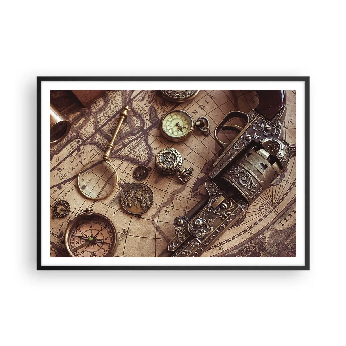 Affiche dans un cadre noir - Poster - Objets anciens sur une vieille carte dans un style rétro - 100x70cm - L'aventure appelle - Décoration murale moderne pour le salon et la chambre ARTTOR
