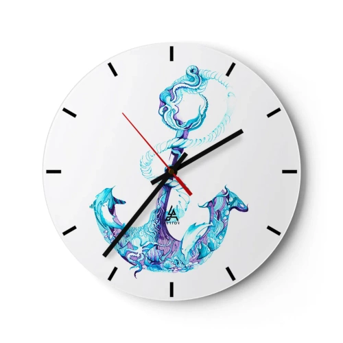 Horloge murale - Pendule murale - Dessin d'une ancre aux couleurs nautiques avec des motifs délicats - 30x30cm - Le confident des secrets de la mer - Décoration murale moderne pour le salon, la cuisine et la chambre ARTTOR