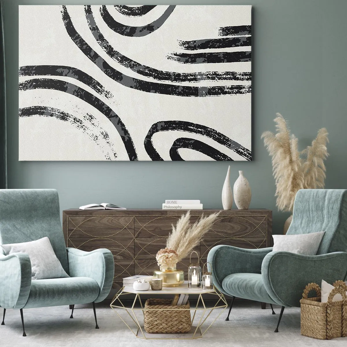 Impression sur toile - Image sur toile - Lignes abstraites noires et blanches sur fond clair - 100x70cm - À moitié arrêté - Décoration murale moderne pour le salon et la chambre ARTTOR