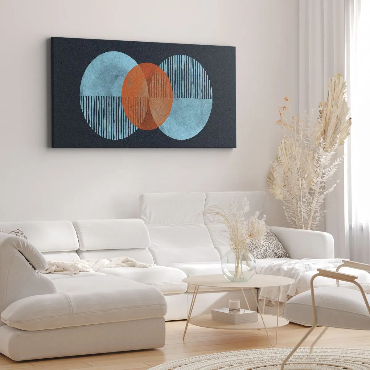 Impression sur toile - Image sur toile - Cercles géométriques dans les tons bleu et orange - 160x50cm - Composition symétrique - Décoration murale moderne pour le salon et la chambre ARTTOR