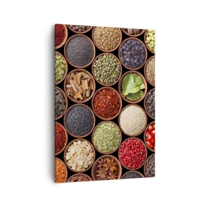 Impression sur toile - Image sur toile - Épices colorées dans des récipients ronds - 50x70cm - Toutes les saveurs du monde - Décoration murale moderne pour le salon et la chambre ARTTOR