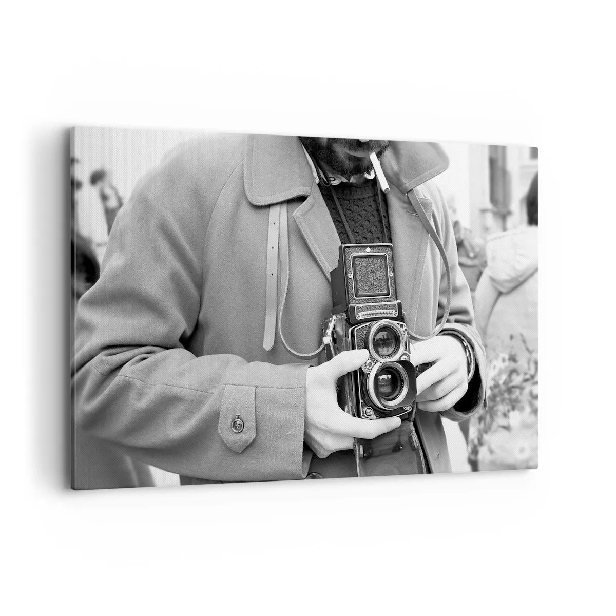 Impression sur toile - Image sur toile - Photo en noir et blanc d'un homme avec un appareil photo rétro - 120x80cm - Dans un style rétro - Décoration murale moderne pour le salon et la chambre ARTTOR