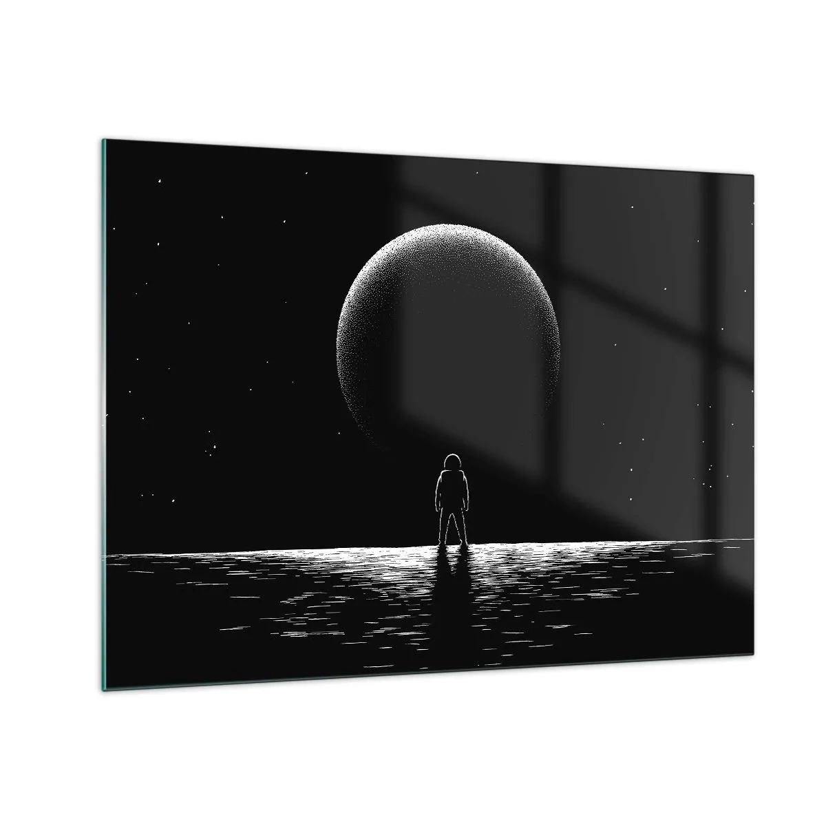 Impression sur verre - Image sur verre - Astronaute debout devant une planète en noir et blanc - 70x50cm - Face à face - Décoration murale moderne pour le salon et la chambre ARTTOR