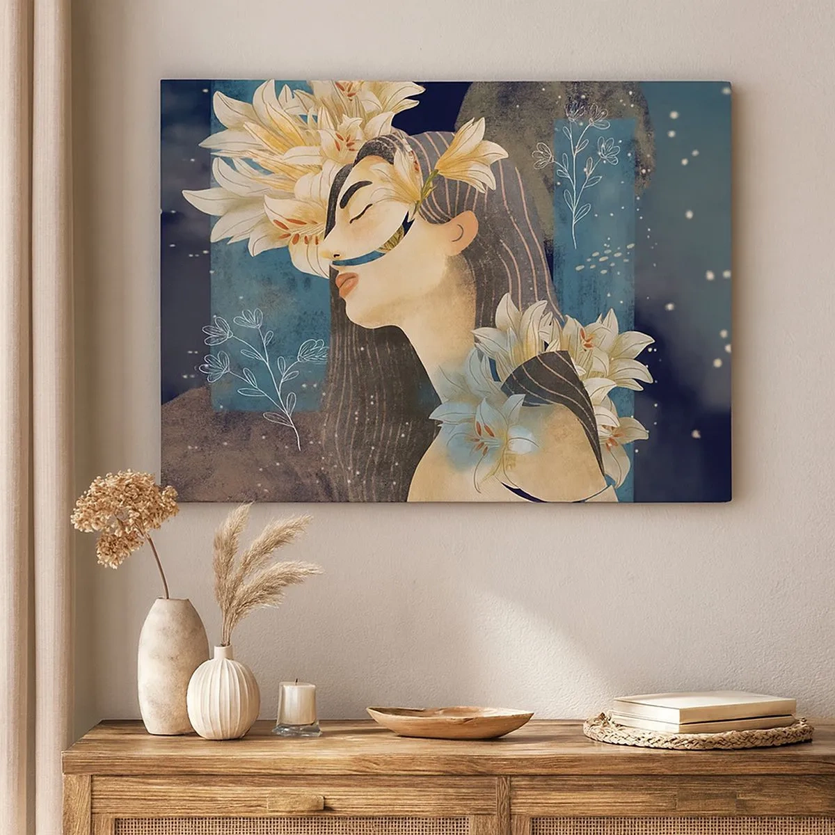 Impression sur toile - Image sur toile - Portrait d'une femme avec des fleurs dans un style artistique sur fond sombre - 70x50cm - Conte de fée sur la princesse lilas - Décoration murale moderne pour le salon et la chambre ARTTOR