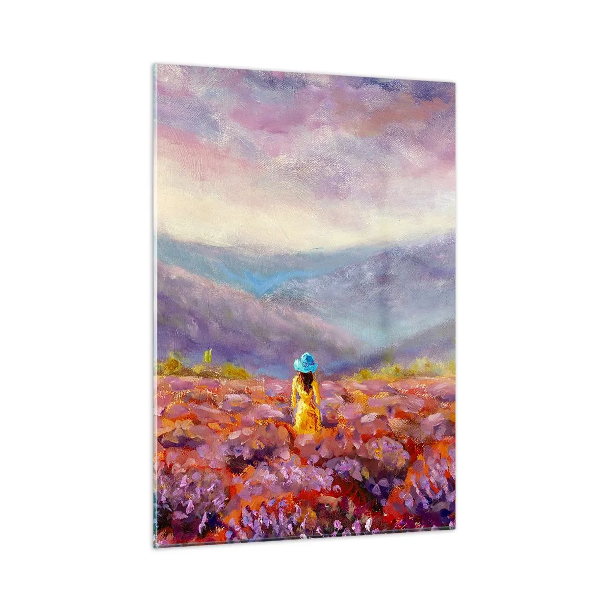 Impression sur verre - Image sur verre - Une silhouette portant un chapeau dans un champ de lavande au crépuscule - 50x70cm - Dans un monde lavande - Décoration murale moderne pour le salon et la chambre ARTTOR