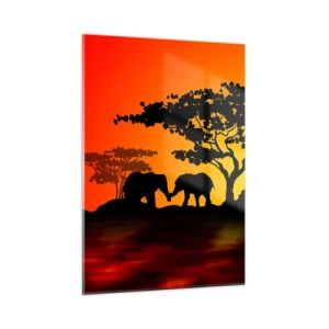 Impression sur verre - Image sur verre - Paysage africain avec arbres et animaux au coucher du soleil - 50x70cm - Rencontre dans la savane - Décoration murale moderne pour le salon et la chambre ARTTOR