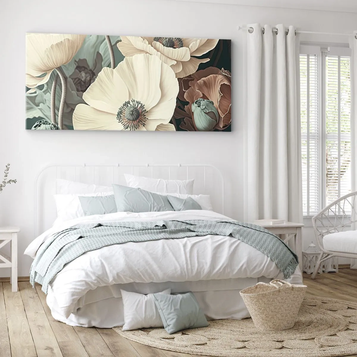 Impression sur toile - Image sur toile - Fleurs élégantes aux tons pastel sur fond vert - 120x50cm - Le murmure des coquelicots - Décoration murale moderne pour le salon et la chambre ARTTOR