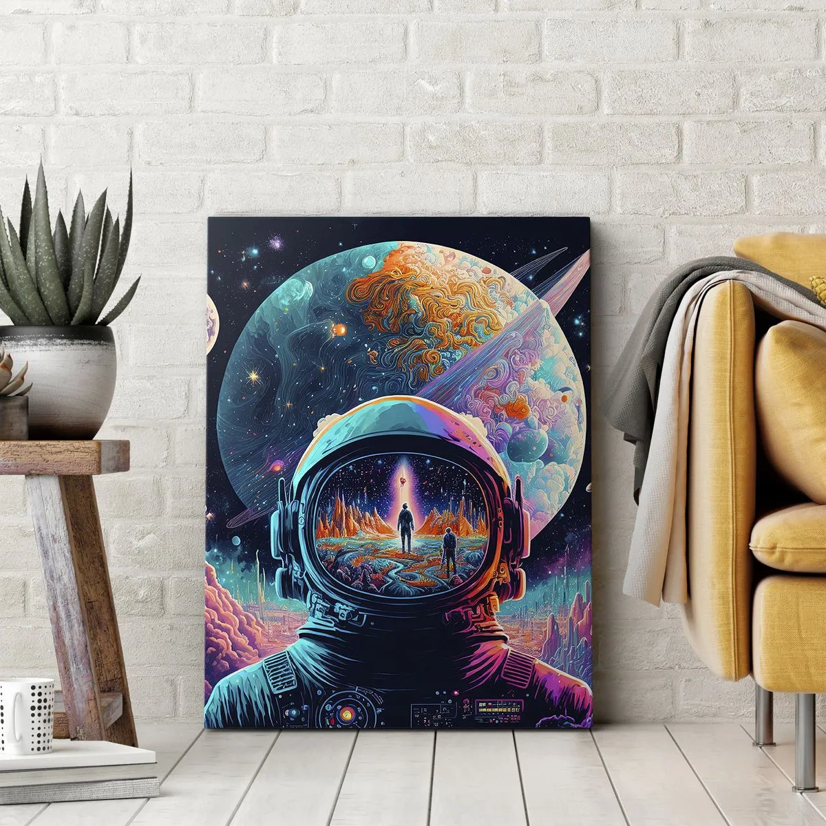 Impression sur toile - Image sur toile - Astronaute dans l'espace avec un paysage planétaire coloré - 80x120cm - Les philosophes n'en ont pas rêvé - Décoration murale moderne pour le salon et la chambre ARTTOR