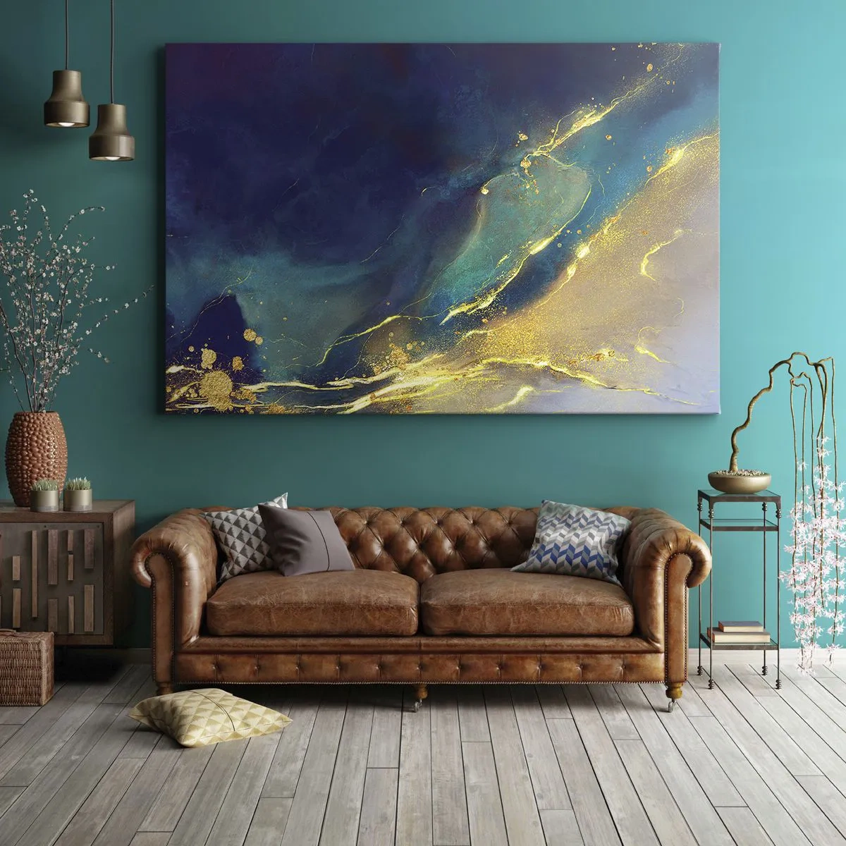 Impression sur toile - Image sur toile - Composition abstraite dans les tons bleu et or sur toile - 70x50cm - Coulée d'or - Décoration murale moderne pour le salon et la chambre ARTTOR