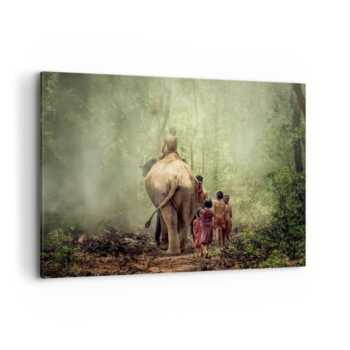 Impression sur toile - Image sur toile - Enfants avec un éléphant dans une forêt verte à la lumière du matin - 120x80cm - Nouveau livre de la jungle - Décoration murale moderne pour le salon et la chambre ARTTOR