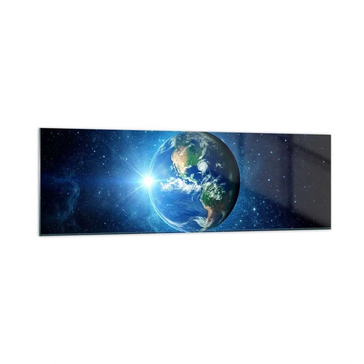 Impression sur verre - Image sur verre - La Terre dans l'espace entourée d'étoiles et de lumière - 160x50cm - Nous sommes au paradis - Décoration murale moderne pour le salon et la chambre ARTTOR