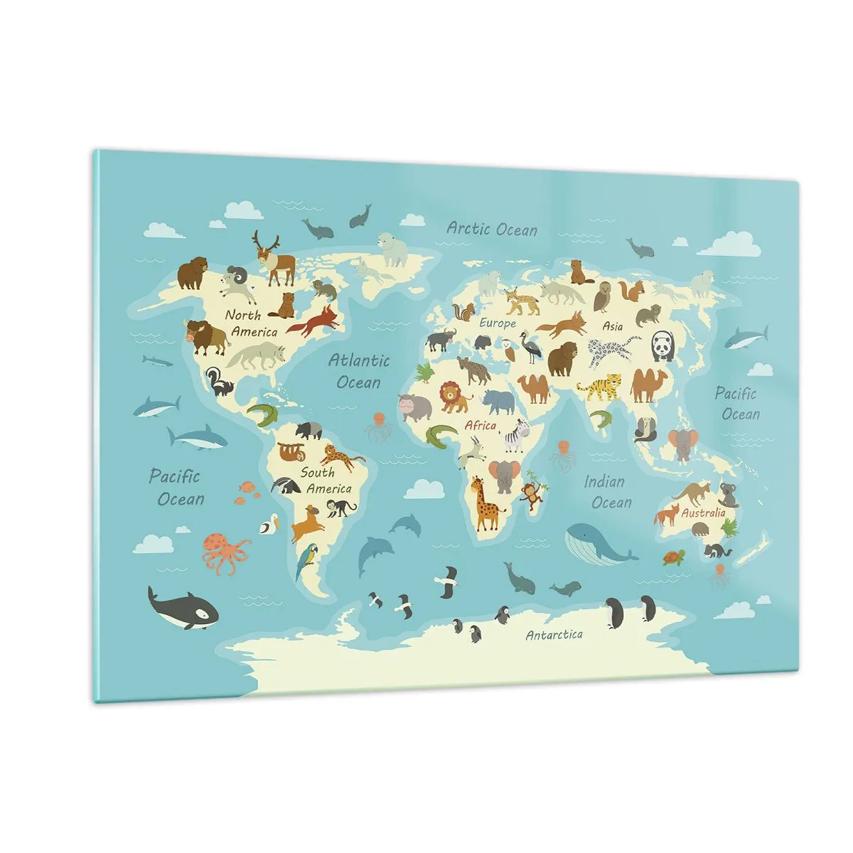 Impression sur verre - Image sur verre - Une carte du monde colorée avec des illustrations d'animaux de différents continents. - 120x80cm - De bons voisins - Décoration murale moderne pour le salon et la chambre ARTTOR