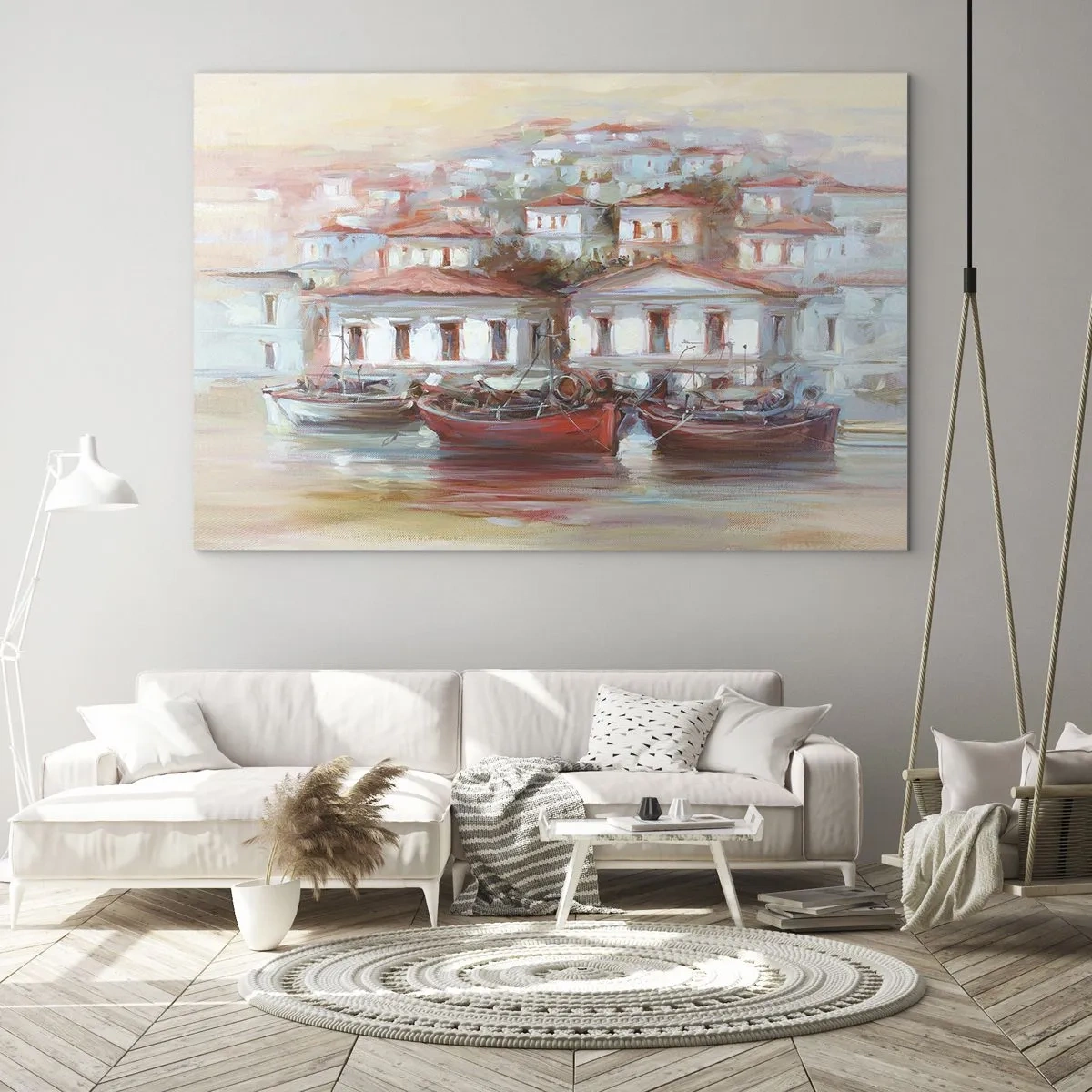 Impression sur verre - Image sur verre - Une ville pittoresque avec des bateaux dans le port au coucher du soleil - 100x70cm - Petite ville heureuse - Décoration murale moderne pour le salon et la chambre ARTTOR