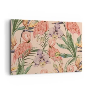 Impression sur toile - Image sur toile - Flamants roses et fleurs tropicales sur fond clair - 120x80cm - Ballet rose dans les fleurs - Décoration murale moderne pour le salon et la chambre ARTTOR