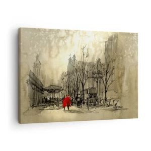 Impression sur toile - Image sur toile - Une figure rouge dans un décor urbain nostalgique - 70x50cm - Rendez-vous dans le brouillard de Londres - Décoration murale moderne pour le salon et la chambre ARTTOR