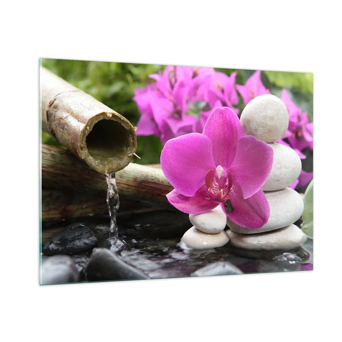 Impression sur verre - Image sur verre - Orchidée violette, pierres et cascade de bambou - 100x70cm - Tu te reposes déjà - Décoration murale moderne pour le salon et la chambre ARTTOR