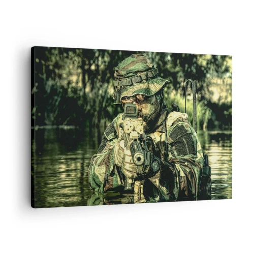 Impression sur toile - Image sur toile - Un soldat en tenue de camouflage vise à travers l'eau. - 70x50cm - Le meilleur des meilleurs - Décoration murale moderne pour le salon et la chambre ARTTOR