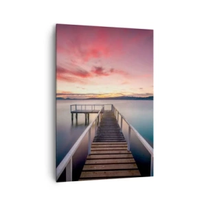 Impression sur toile - Image sur toile - Une jetée menant à un lac tranquille au coucher du soleil - 70x100cm - La douce flamme du soir - Décoration murale moderne pour le salon et la chambre ARTTOR