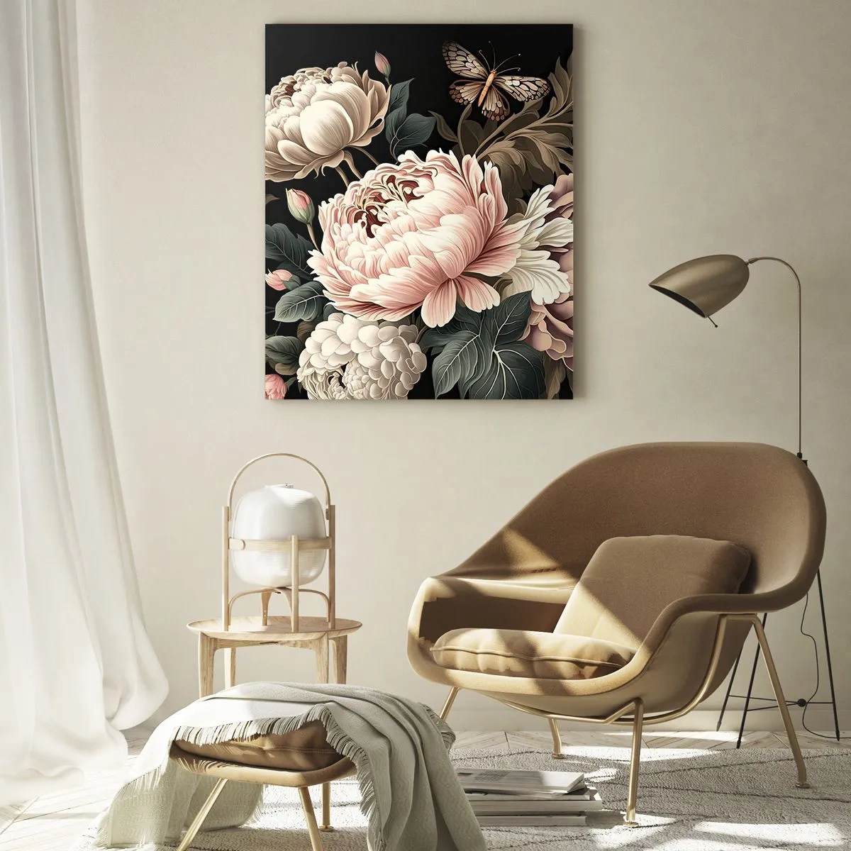 Impression sur verre - Image sur verre - Un bouquet de fleurs roses et de papillons sur fond noir - 70x100cm - De style baroque - Décoration murale moderne pour le salon et la chambre ARTTOR