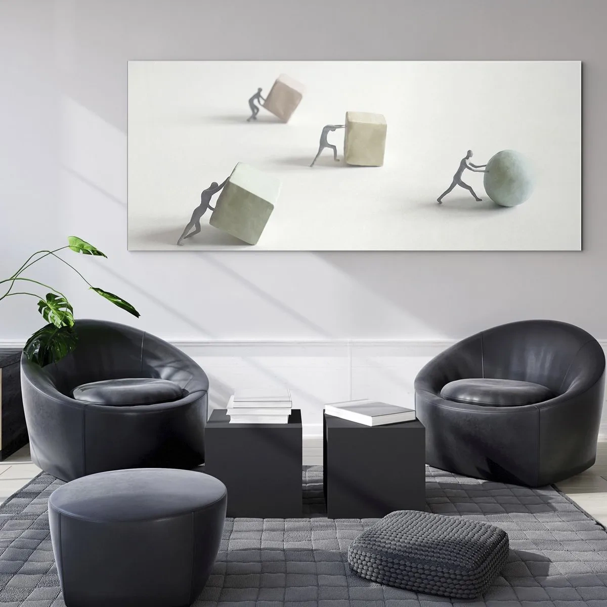 Impression sur verre - Image sur verre - Figurines miniatures poussant des formes sur un fond clair - 140x50cm - Rien que la vie - Décoration murale moderne pour le salon et la chambre ARTTOR