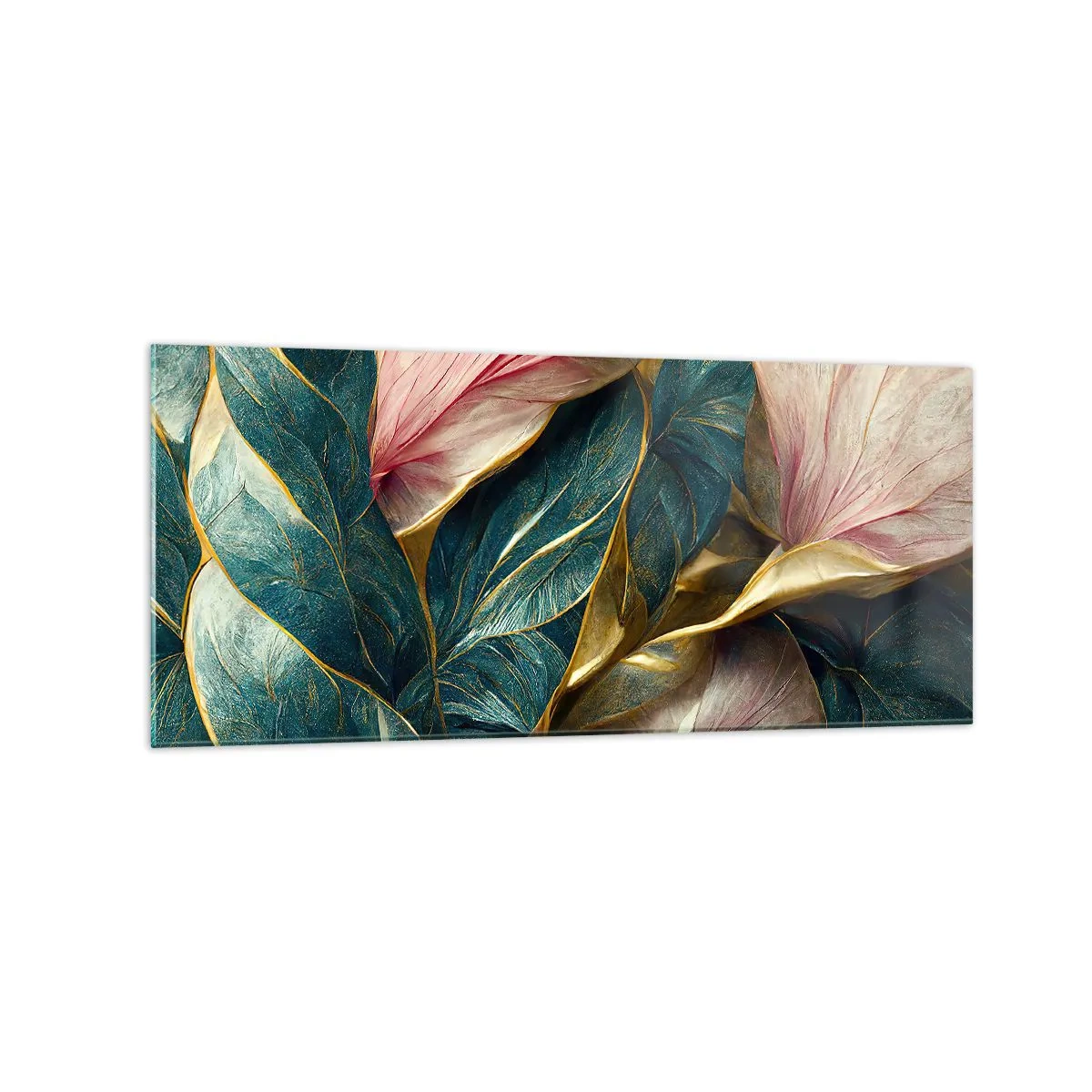 Impression sur verre - Image sur verre - Feuilles élégantes en vert, or et rose - 120x50cm - Élégance et style naturels - Décoration murale moderne pour le salon et la chambre ARTTOR