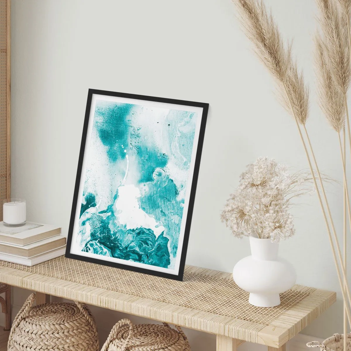 Affiche dans un cadre noir - Poster - Abstraction turquoise avec des détails dynamiques - 50x70cm - Marécage bleu - Décoration murale moderne pour le salon et la chambre ARTTOR