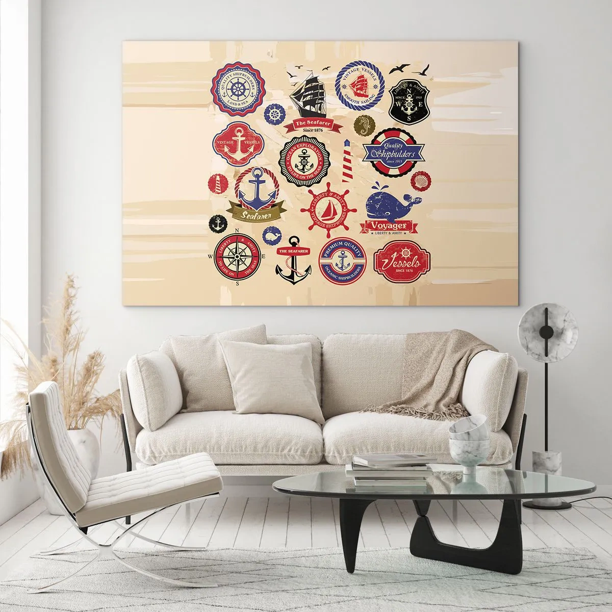 Impression sur verre - Image sur verre - Emblèmes et symboles nautiques sur fond beige - 120x80cm - La fraternité de la voile - Décoration murale moderne pour le salon et la chambre ARTTOR