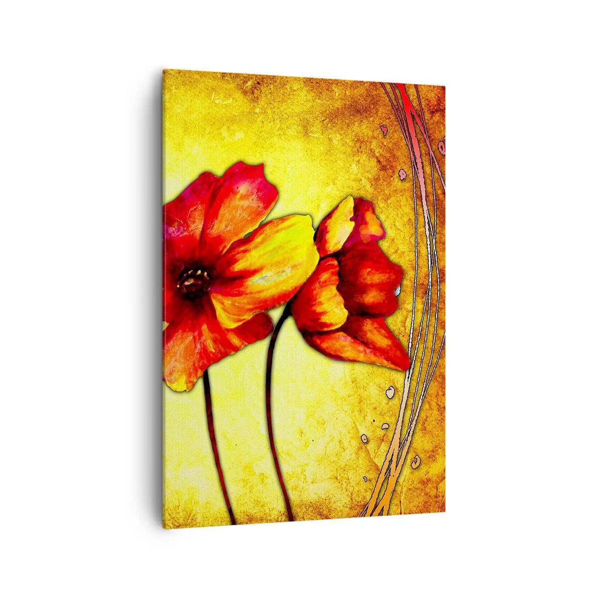 Impression sur toile - Image sur toile - Fleurs rouges et jaunes sur fond doré avec motifs décoratifs - 70x100cm - Dans la décoration Art Nouveau - Décoration murale moderne pour le salon et la chambre ARTTOR