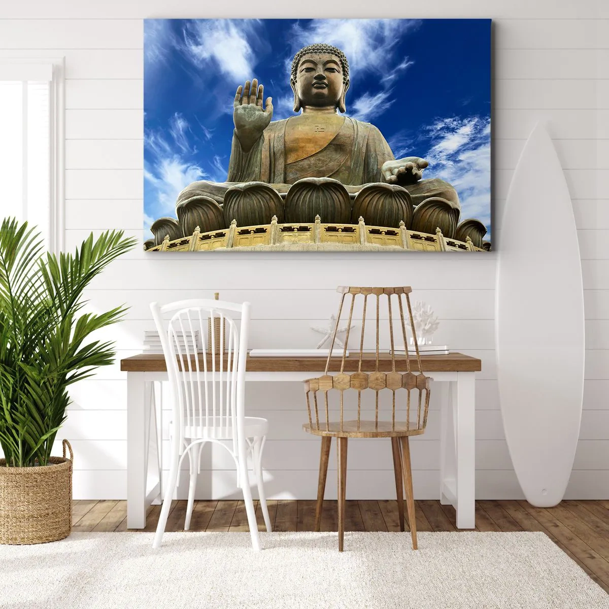 Impression sur toile - Image sur toile - Une statue monumentale de Bouddha contre un ciel bleu avec des nuages - 100x70cm - Vivre sans peur - Décoration murale moderne pour le salon et la chambre ARTTOR