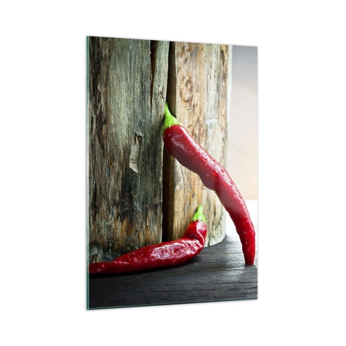 Impression sur verre - Image sur verre - Piments rouges sur fond de bois - 50x70cm - Red hot chili peppers - Décoration murale moderne pour le salon et la chambre ARTTOR