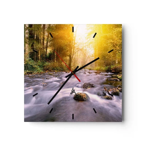 Horloge murale - Pendule murale - Un ruisseau forestier illuminé par les rayons du soleil - 30x30cm - Malachite dans un cadre argent et or - Décoration murale moderne pour le salon et la chambre ARTTOR