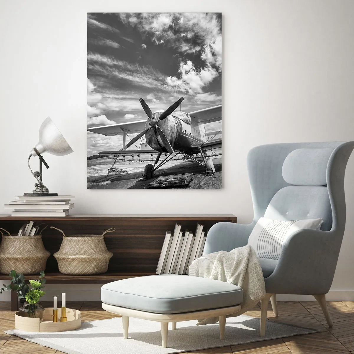 Impression sur verre - Image sur verre - Un vieil avion à l'aéroport en noir et blanc - 80x120cm - Je suis impatient! - Décoration murale moderne pour le salon et la chambre ARTTOR