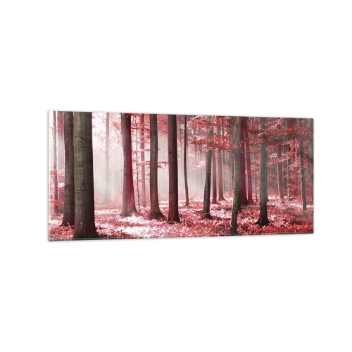 Impression sur verre - Image sur verre - Une forêt époustouflante aux teintes rouges avec des rayons de lumière pénétrant à travers les arbres - 120x50cm - Le rouge est tout aussi beau - Décoration murale moderne pour le salon et la chambre ARTTOR