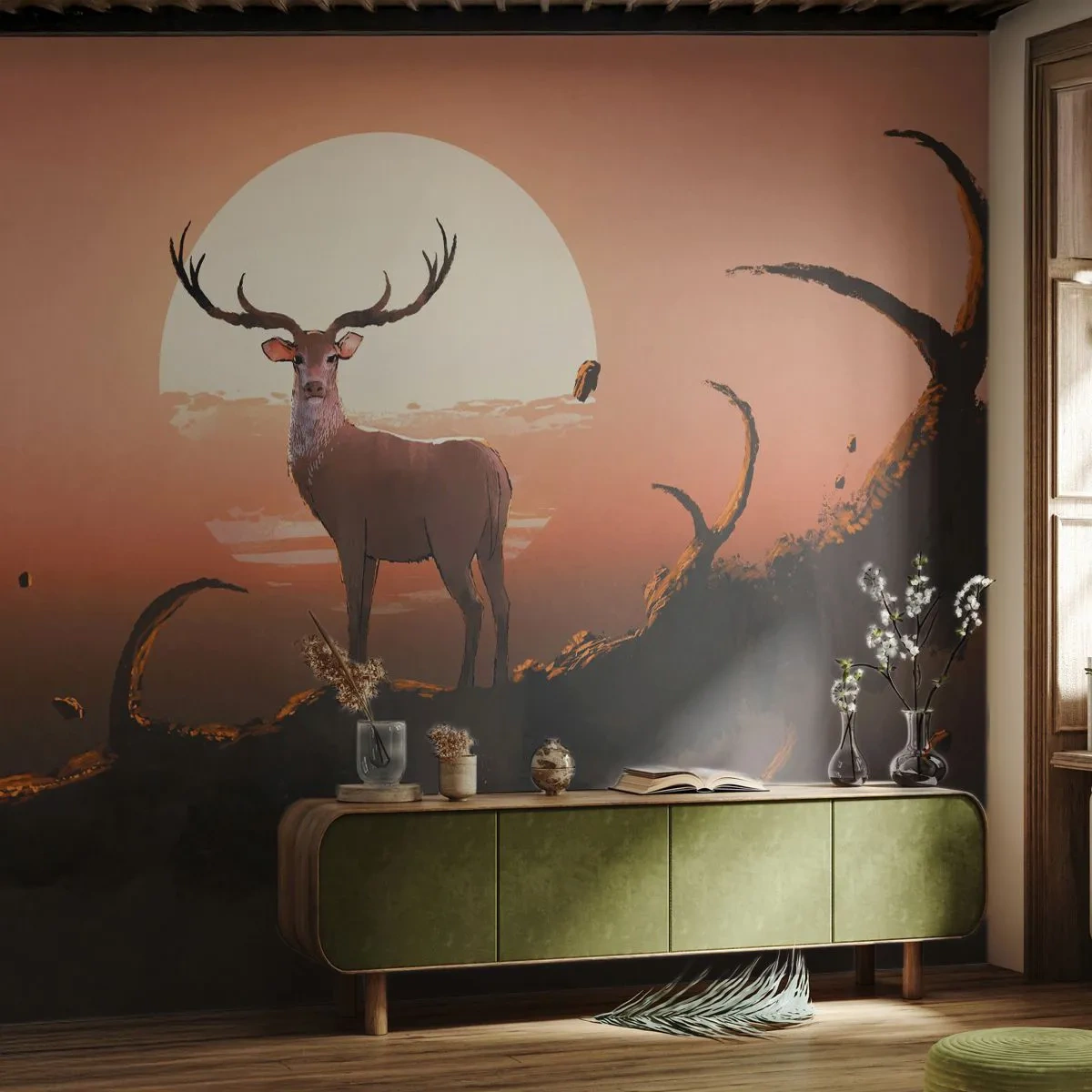 Papier Peint Photo Premium Sand - Un cerf sur fond de soleil couchant dans un paysage surréaliste - 100x70cm - Cette nuit ne ressemble à aucune autre - Décoration murale moderne pour le salon et la chambre ARTTOR