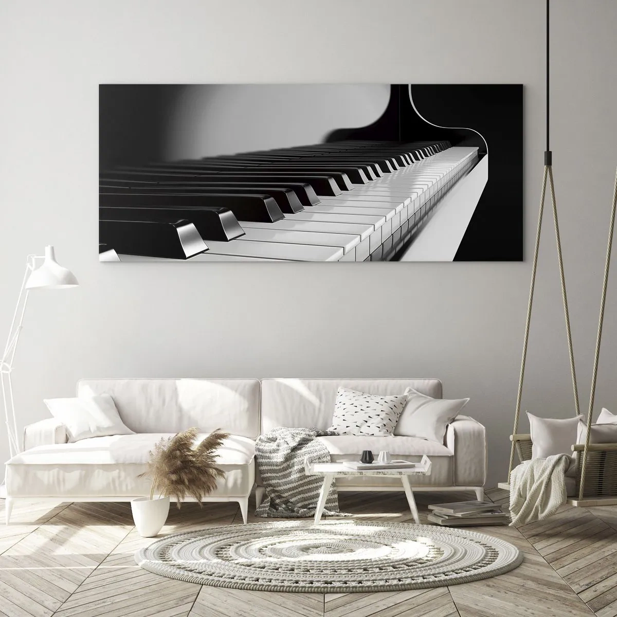 Impression sur verre - Image sur verre - Touches de piano dans une élégante photo en noir et blanc - 120x50cm - Harmonie des formes et des couleurs - Décoration murale moderne pour le salon et la chambre ARTTOR