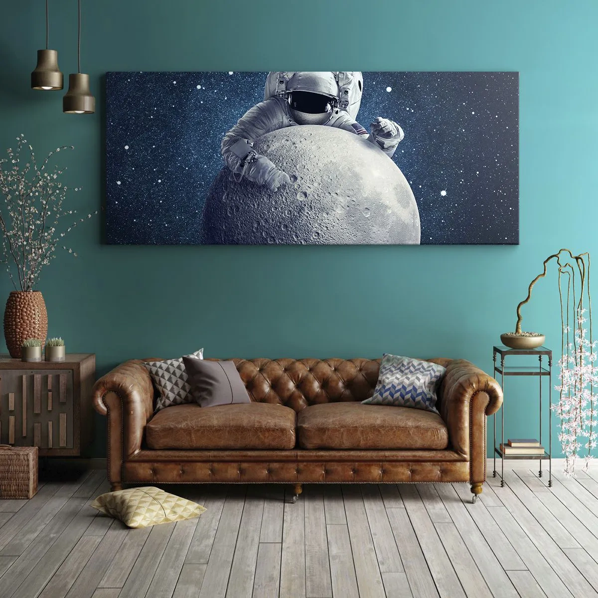Impression sur toile - Image sur toile - Astronaute tenant la lune dans un ciel étoilé - 160x50cm - Comique de l'espace - Décoration murale moderne pour le salon et la chambre ARTTOR
