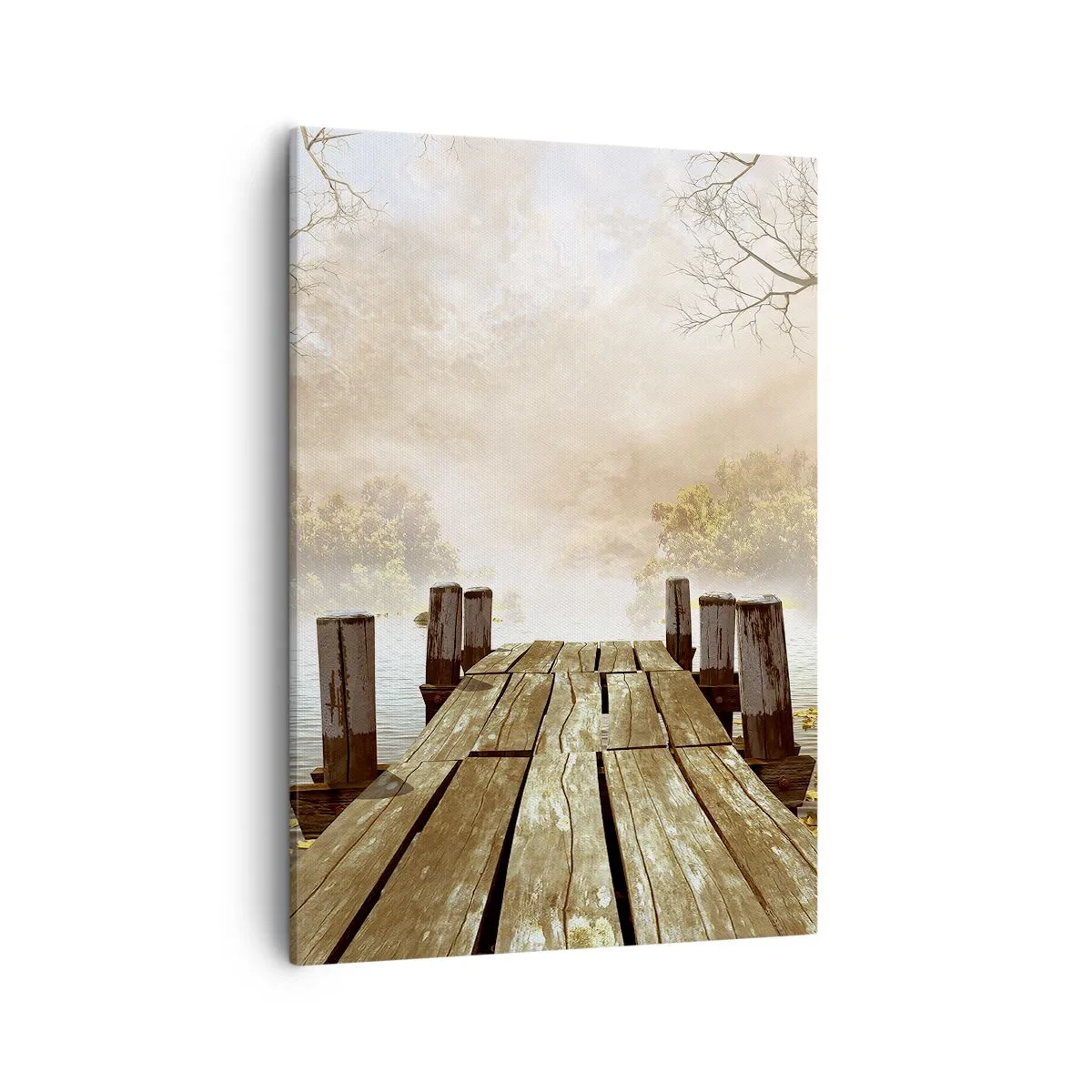 Impression sur toile - Image sur toile - Une jetée en bois menant à un lac calme dans la brume matinale - 50x70cm - La douce tristesse de l'automne - Décoration murale moderne pour le salon et la chambre ARTTOR