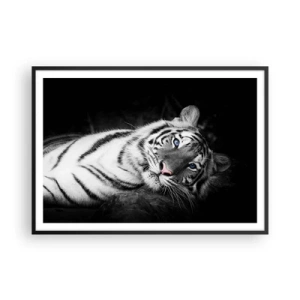 Affiche dans un cadre noir - Poster - Un tigre blanc rendu artistiquement sur un fond noir - 100x70cm - Sauvagerie et paix - Décoration murale moderne pour le salon et la chambre ARTTOR