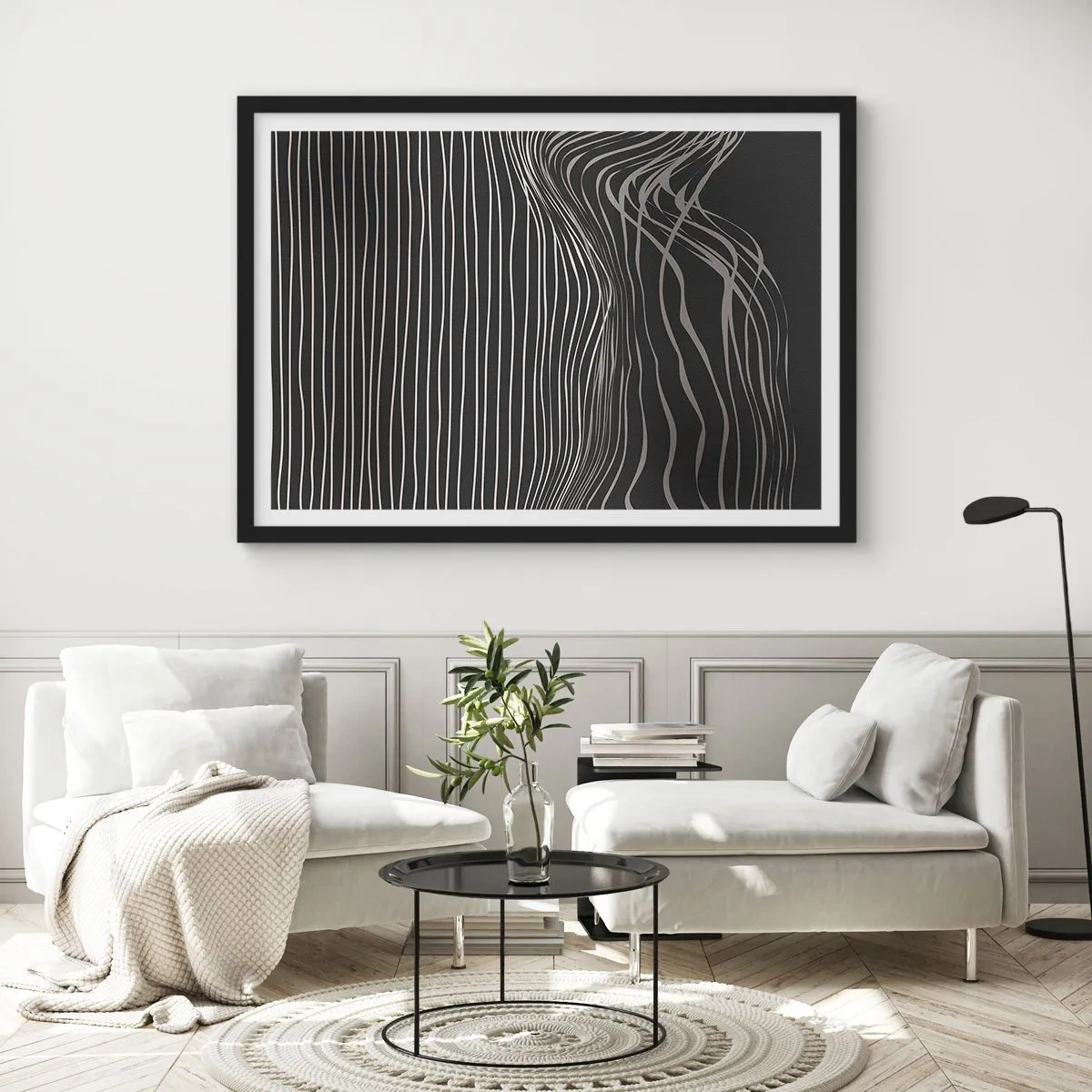 Affiche dans un cadre noir - Poster - Lignes blanches sur fond gris foncé dans un arrangement abstrait - 100x70cm - Rythme et accent - Décoration murale moderne pour le salon et la chambre ARTTOR