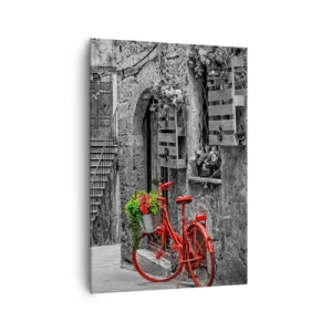 Impression sur toile - Image sur toile - Un vélo rouge dans une rue en noir et blanc - 70x100cm - Ruelle toscane - Décoration murale moderne pour le salon et la chambre ARTTOR
