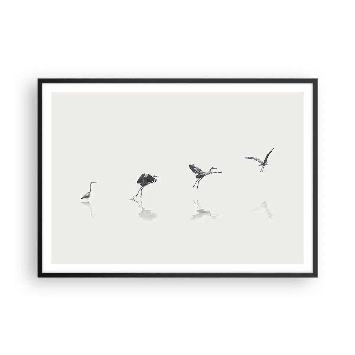 Affiche dans un cadre noir - Poster - Quatre silhouettes d'oiseaux se reflètent dans l'eau calme - 100x70cm - Quatre étapes simples - Décoration murale moderne pour le salon et la chambre ARTTOR