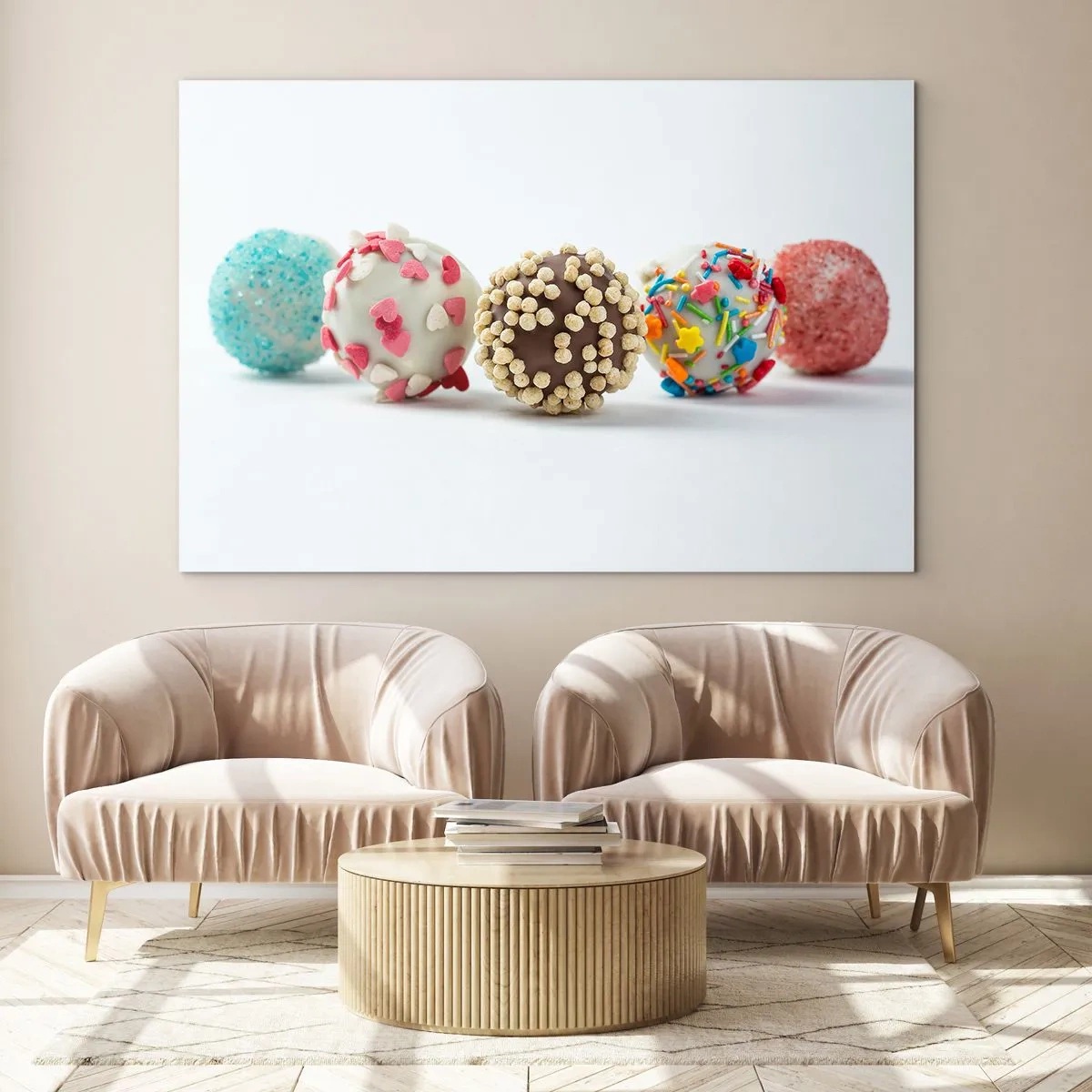 Impression sur verre - Image sur verre - Truffes de dessert colorées avec des paillettes décoratives - 70x50cm - La vie peut être douce - Décoration murale moderne pour le salon et la chambre ARTTOR