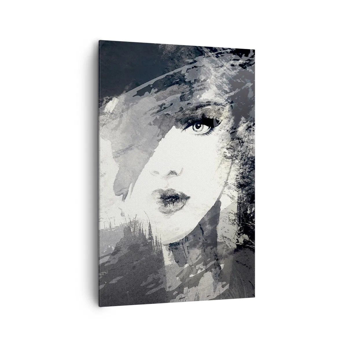 Impression sur toile - Image sur toile - Un portrait abstrait d'une femme dans des tons de gris avec des accents délicats. - 80x120cm - Derrière un voile gris - Décoration murale moderne pour le salon et la chambre ARTTOR