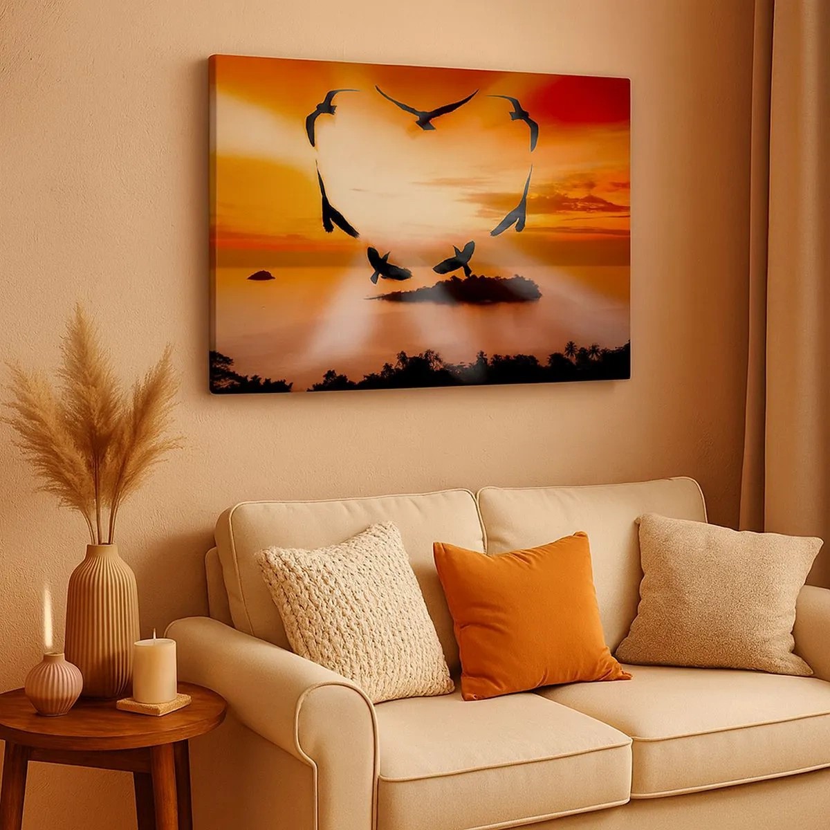 Impression sur toile - Image sur toile - Oiseaux formant un cœur sur fond de soleil couchant - 70x50cm - Aimer le monde comme les oiseaux - Décoration murale moderne pour le salon et la chambre ARTTOR