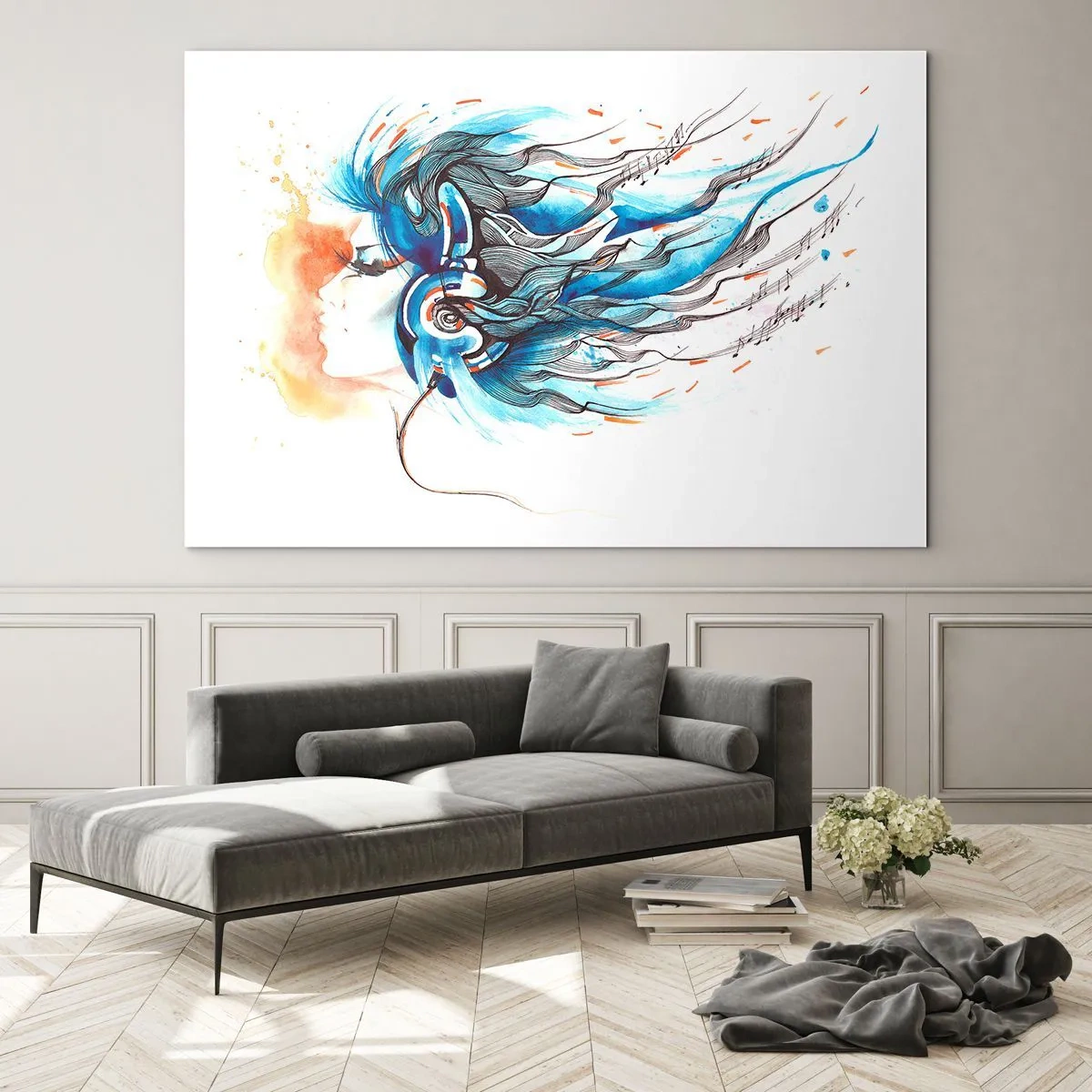 Impression sur verre - Image sur verre - Une femme aux cheveux bleus et portant un casque, dans une expression musicale - 70x50cm - Que la musique joue - Décoration murale moderne pour le salon et la chambre ARTTOR