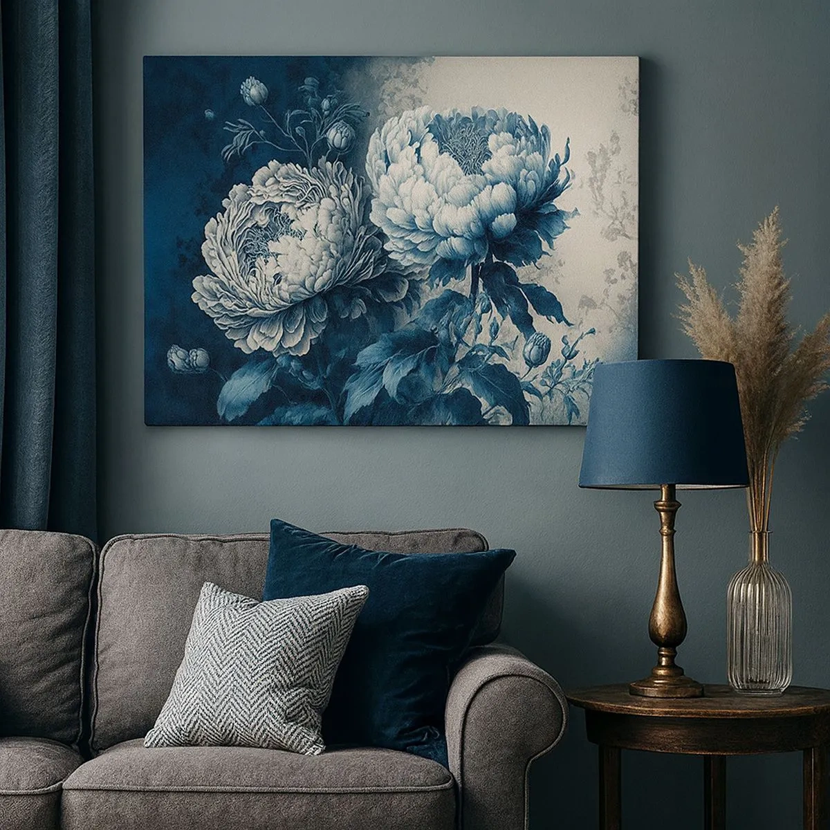 Impression sur toile - Image sur toile - Pivoines bleues sur un fond subtil avec un motif délicat - 70x50cm - Paire assortie - Décoration murale moderne pour le salon et la chambre ARTTOR